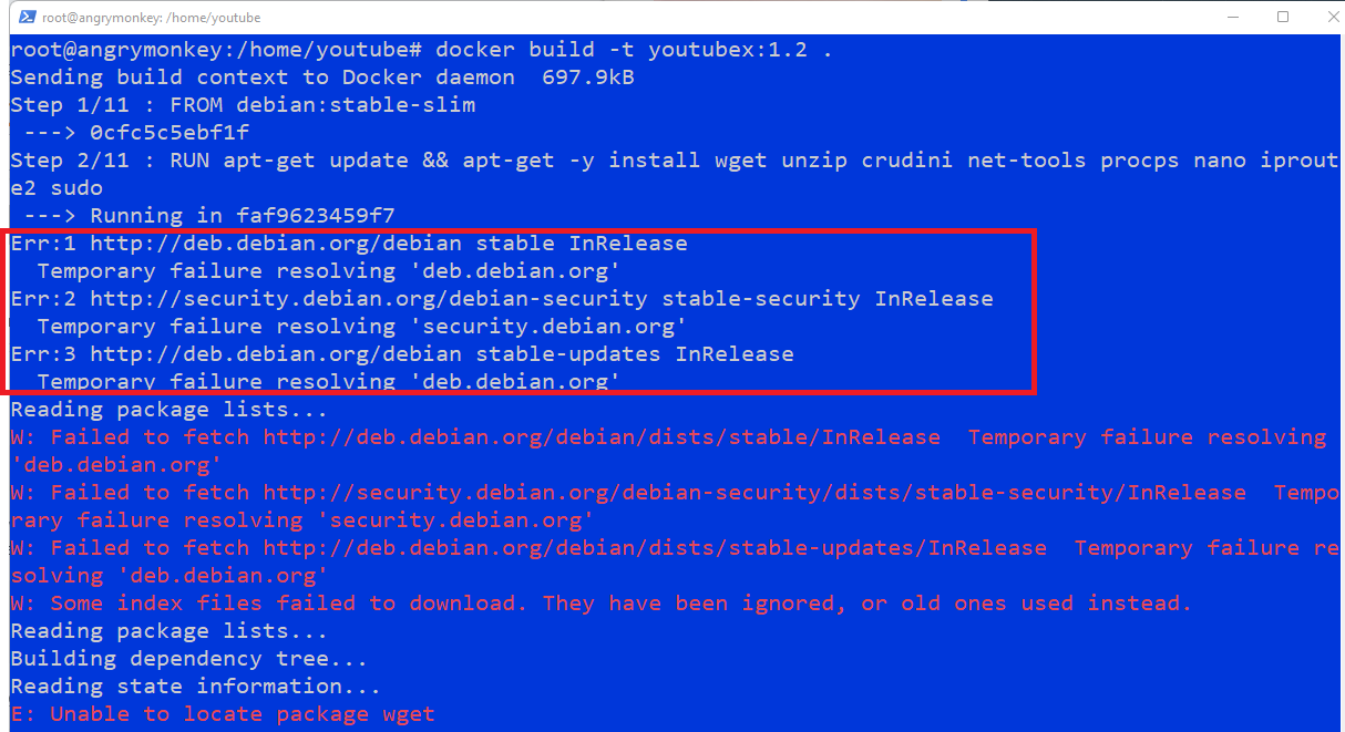 Xybernetics Docker Temporary failure resolving 'deb.debian.org'