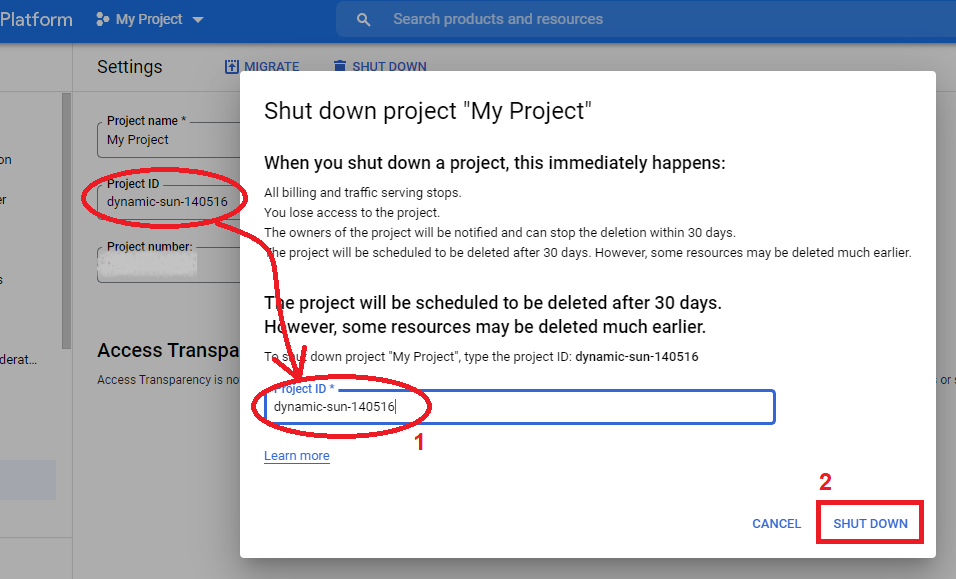 Xybernetics Google Cloud Console confirm project shutdow