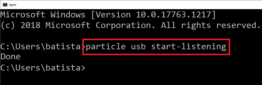 Xybernetics Particle CLI particle usb start-listening