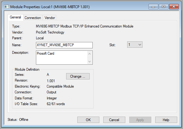 Xybernetics ProSoft MVI69E-MBTCP Module Properties General Tab