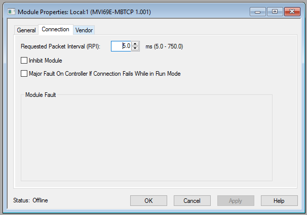 Xybernetics MVI69E-MBTCP Module Properties Connection Tab