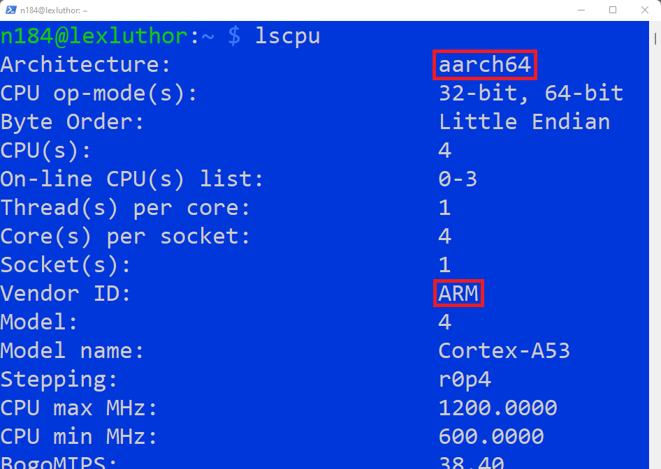 Xybernetics Ubuntu Debian Alpin ARM64 x86 architecture Raspberry PI CLI command lscpu