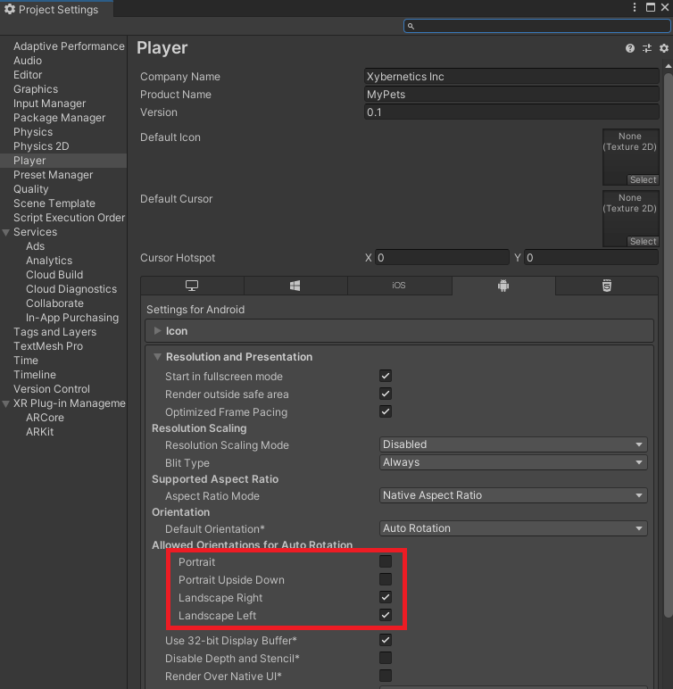 Xybernetics Unity Allowed Orientation for Auto Rotation Landscape Mode Only In Unity Portrait Mode Only In Unity