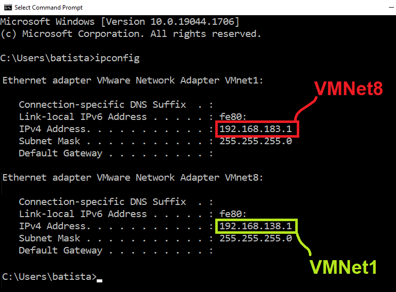 Xybernetics VMware NAT VMNet8 VMNet 0 VMNet1 ipconfig command prompt IP Address