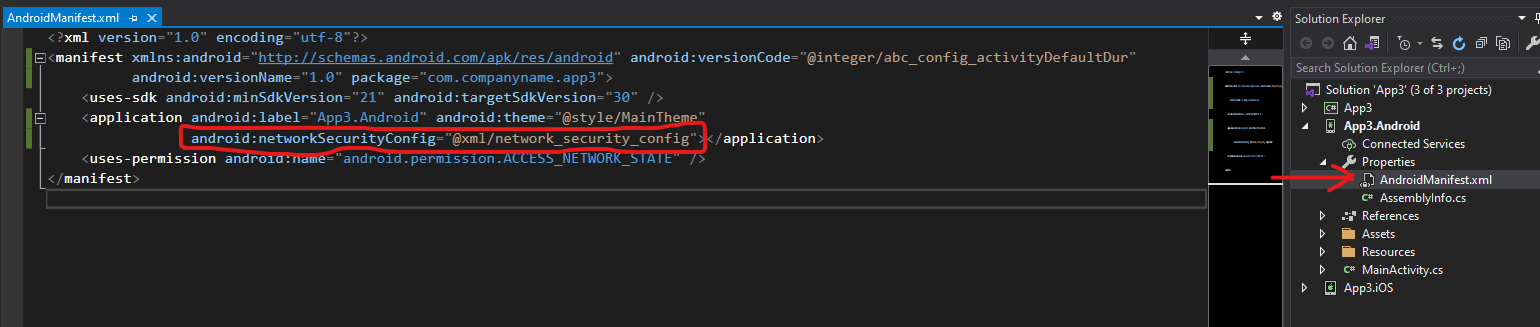 Xybernetics Xamarin WebView ERR_CLEARTEXT_NOT_PERMITTED network_security_config AndroidManifest.xml